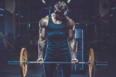 Yakışıklı, formda, kaslı, beyaz bir adam spor salonunda antrenman yapıyor. Kilo alıyor, kaslarını şişiriyor, fitness ve vücut geliştirme sporları yapıyor.