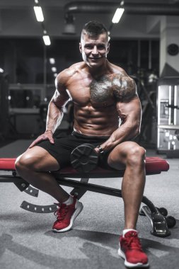 Yakışıklı güçlü vücut geliştirmeci atletik erkek kasları egzersiz vücut geliştirme kavramı arka plan - kas vücut geliştirmeci yakışıklı erkekler spor salonu çıplak gövde kavramı spor ve diyet egzersiz yapıyor pompalama