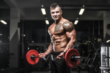 Yakışıklı güçlü vücut geliştirmeci atletik erkek kasları egzersiz vücut geliştirme kavramı arka plan - kas vücut geliştirmeci yakışıklı erkekler spor salonu çıplak gövde kavramı spor ve diyet egzersiz yapıyor pompalama