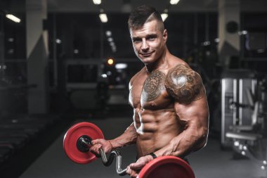 Yakışıklı güçlü vücut geliştirmeci atletik erkek kasları egzersiz vücut geliştirme kavramı arka plan - kas vücut geliştirmeci yakışıklı erkekler spor salonu çıplak gövde kavramı spor ve diyet egzersiz yapıyor pompalama