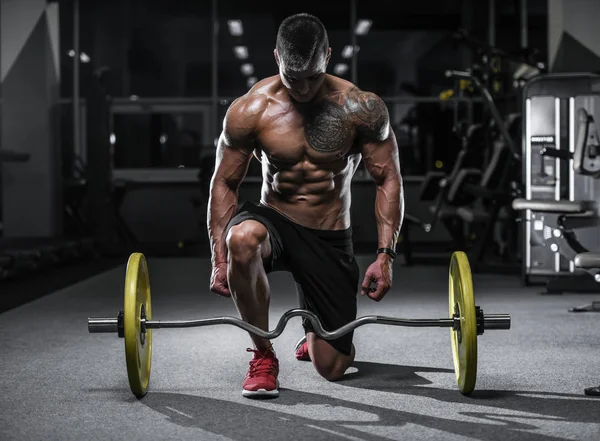 Yakışıklı güçlü vücut geliştirmeci atletik erkek kasları egzersiz vücut geliştirme kavramı arka plan - kas vücut geliştirmeci yakışıklı erkekler spor salonu çıplak gövde kavramı spor ve diyet egzersiz yapıyor pompalama