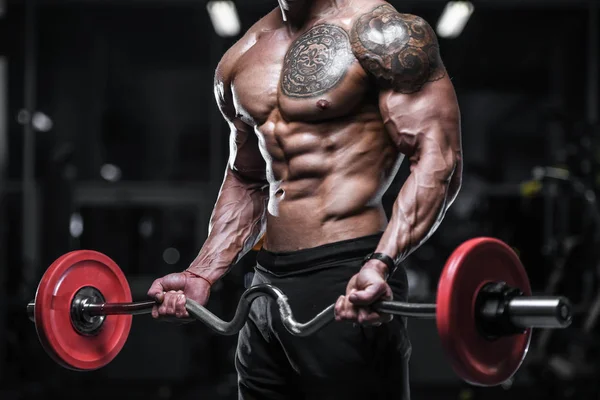 Bonito Homem Atlético Forte Fisiculturista Bombeando Músculos Treino Musculação Conceito — Fotografia de Stock