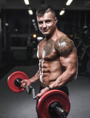 Yakışıklı güçlü vücut geliştirmeci atletik erkek kasları egzersiz vücut geliştirme kavramı arka plan - kas vücut geliştirmeci yakışıklı erkekler spor salonu çıplak gövde kavramı spor ve diyet egzersiz yapıyor pompalama