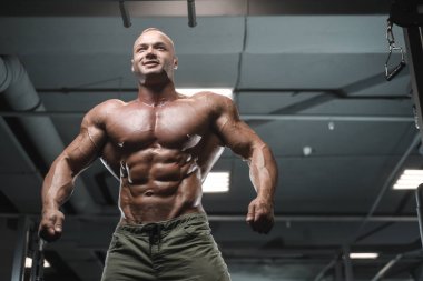 Yakışıklı güçlü vücut geliştirmeci atletik erkek kasları egzersiz vücut geliştirme kavramı arka plan - kas vücut geliştirmeci yakışıklı erkekler spor salonu çıplak gövde kavramı spor ve diyet egzersiz yapıyor pompalama