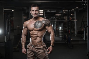 Yakışıklı güçlü vücut geliştirmeci atletik erkek kasları egzersiz vücut geliştirme kavramı arka plan - kas vücut geliştirmeci yakışıklı erkekler spor salonu çıplak gövde kavramı spor ve diyet egzersiz yapıyor pompalama