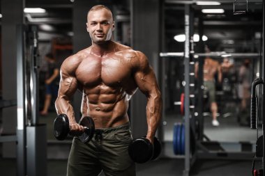 Yakışıklı güçlü vücut geliştirmeci atletik erkek kasları egzersiz vücut geliştirme kavramı arka plan - kas vücut geliştirmeci yakışıklı erkekler spor salonu çıplak gövde kavramı spor ve diyet egzersiz yapıyor pompalama