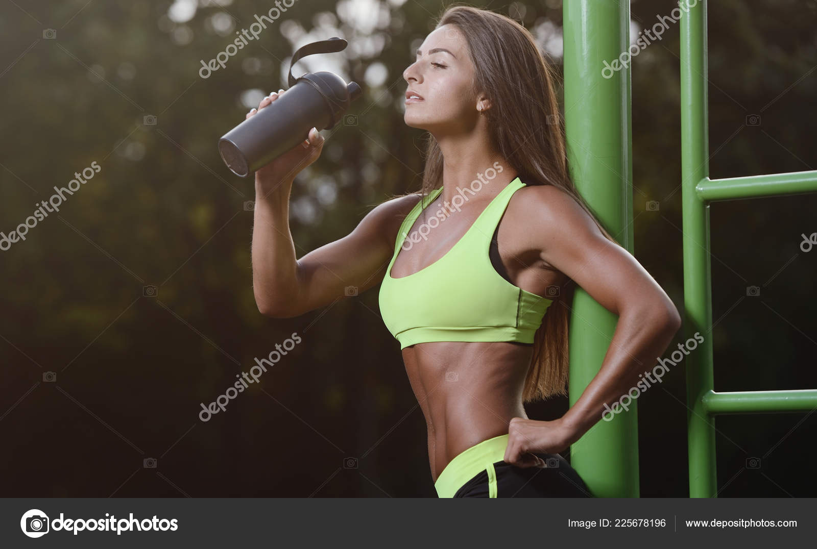 Cute teen posing with sport bra outside Stock Photo