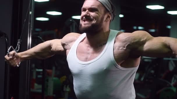 Brutal Ισχυρή Αθλητική Άνδρες Άντληση Μυών Προπόνηση Bodybuilding Έννοια Υπόβαθρο — Αρχείο Βίντεο
