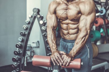 Acımasız güçlü vücut geliştirmeci atletik kasları egzersiz vücut geliştirme kavramı arka plan - kas vücut geliştirmeci yakışıklı erkekler spor salonu çıplak gövde kavramı spor ve diyet egzersiz yapıyor pompalama adam yaşlı