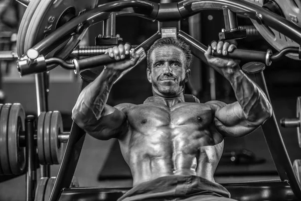 Brutal Strong Bodybuilder Athletic Aged Man Pumping Muscles Workout Bodybuilding — Stock Photo, Image