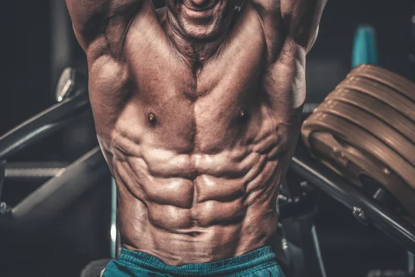Acımasız güçlü vücut geliştirmeci atletik kasları egzersiz vücut geliştirme kavramı arka plan - kas vücut geliştirmeci yakışıklı erkekler spor salonu çıplak gövde kavramı spor ve diyet egzersiz yapıyor pompalama adam yaşlı