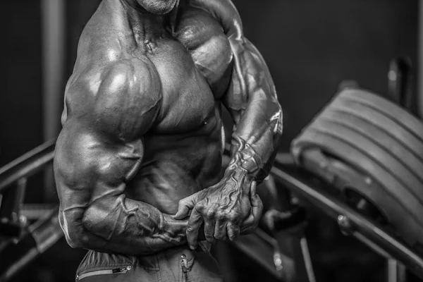Brutal Strong Bodybuilder Athletic Aged Man Pumping Muscles Workout Bodybuilding — Stock Photo, Image