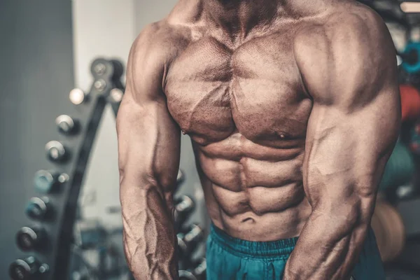 Acımasız güçlü vücut geliştirmeci atletik kasları egzersiz vücut geliştirme kavramı arka plan - kas vücut geliştirmeci yakışıklı erkekler spor salonu çıplak gövde kavramı spor ve diyet egzersiz yapıyor pompalama adam yaşlı