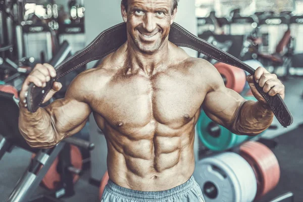 Brutal Strong Bodybuilder Athletic Aged Man Pumping Muscles Workout Bodybuilding — Stock Photo, Image