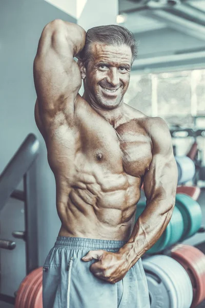 Brutal Strong Bodybuilder Athletic Aged Man Pumping Muscles Workout Bodybuilding — Stock Photo, Image