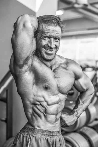 Brutal Strong Bodybuilder Athletic Aged Man Pumping Muscles Workout Bodybuilding — Stock Photo, Image