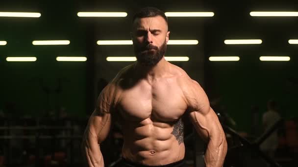 Bonitos Homens Atléticos Fortes Bombeando Ombros Músculos Treino Aptidão Musculação — Vídeo de Stock