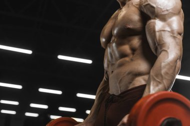 Kasları egzersiz halter kadar pompalama yakışıklı güçlü atletik erkek vücut geliştirme kavramı arka plan - kas vücut geliştirmeci erkekler spor salonu çıplak gövde egzersizleri yapıyor curl