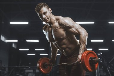 Yakışıklı güçlü atletizm Erkekler kaslı vücut geliştirmeci yakışıklı erkekler spor salonu çıplak gövde egzersizleri yapıyor kaslar egzersiz vücut geliştirme kavramı arka plan - pompalama
