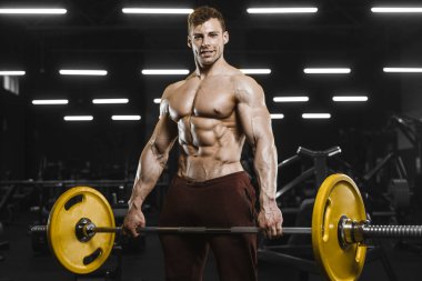 Yakışıklı güçlü atletizm Erkekler kaslı vücut geliştirmeci yakışıklı erkekler spor salonu çıplak gövde egzersizleri yapıyor kaslar egzersiz vücut geliştirme kavramı arka plan - pompalama