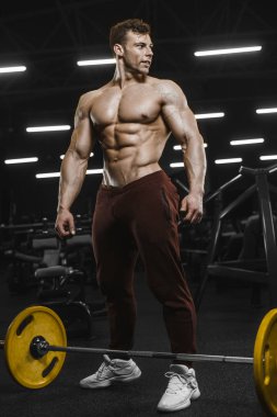 Yakışıklı güçlü atletizm Erkekler kaslı vücut geliştirmeci erkekler spor salonu çıplak gövde egzersizleri yapıyor kaslar egzersiz halter bodur vücut geliştirme kavramı arka plan - pompalama