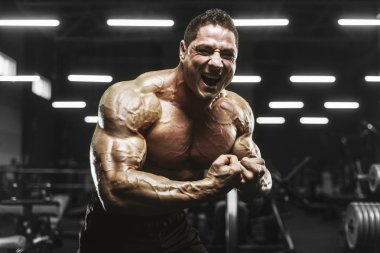 Yakışıklı güçlü atletizm Erkekler kaslı vücut geliştirmeci yakışıklı erkekler spor salonu çıplak gövde egzersizleri yapıyor kaslar egzersiz vücut geliştirme kavramı arka plan - pompalama