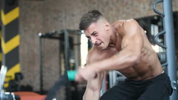 Hombres Atléticos Fuertes Guapos Bombeando Los Músculos Entrenamiento Fitness Musculación — Vídeos de Stock
