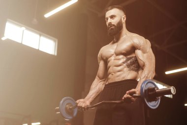 Yakışıklı güçlü atletik erkekler kasları egzersiz barbell kadar pompalama 