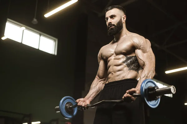 Bonito forte atlético homens bombeamento até músculos treino barbell — Fotografia de Stock