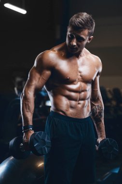 Yakışıklı güçlü atletik erkekler kasları egzersiz fitness kadar pompalama 