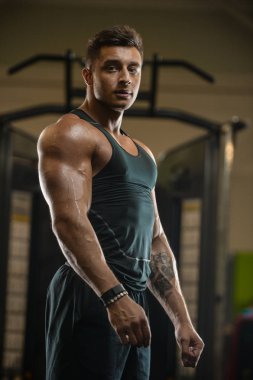 Yakışıklı güçlü atletik erkekler kasları egzersiz fitness kadar pompalama 