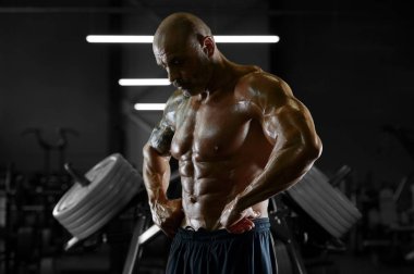 Yakışıklı güçlü atletik erkekler kasları egzersiz fitness kadar pompalama 