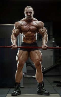 Vücut geliştirici kasları şişiriyor vücut geliştirme egzersizi yapıyor ve sağlıklı bir konsept geliştiriyor. Vücut geliştiren adamlar spor salonunda çıplak vücut egzersizleri yapıyor. Yakışıklı, güçlü, atletik sert adam.