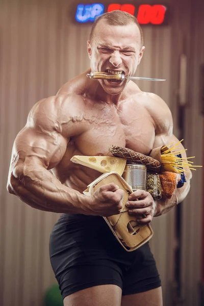 Bodybuilder Athlète Avec Nourriture Dans Salle Gym Muscle Homme Avec — Photo