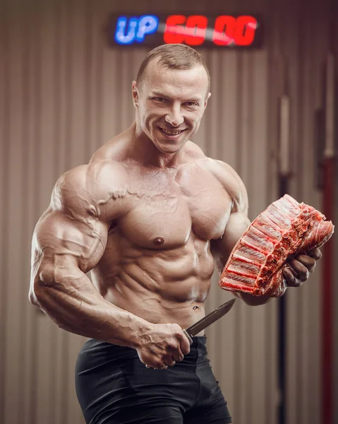 Big Muscle Handsome Pretty Young Blonde Man Violent Butcher Athlete — Stock Photo, Image