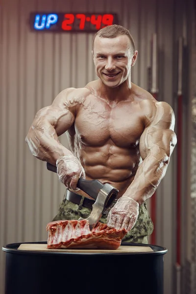 Big Muscle Handsome Pretty Young Blonde Man Violent Butcher Athlete — Stock Photo, Image