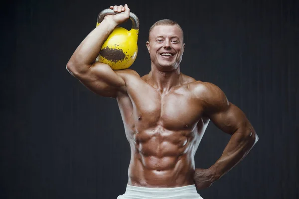 Fitness Man Workout Gym Pumping Muscles Kettlebell Fitness Bodybuilding Healthy — Stock Photo, Image