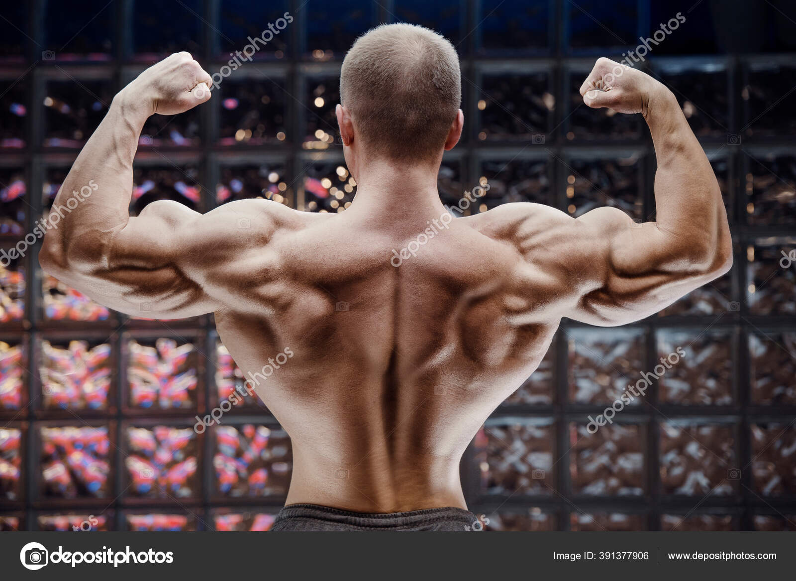 Bodybuilder Handsome Strong Athletic Rough Man Pumping Back