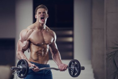 Vücut geliştirici yakışıklı güçlü atletik sert adam kaslarını şişiriyor kaslarını çalıştırıyor vücut geliştiriyor sağlıklı bir konsept geliştiriyor kaslı fitness adamları spor salonunda çıplak bedende kol egzersizleri yapıyor.