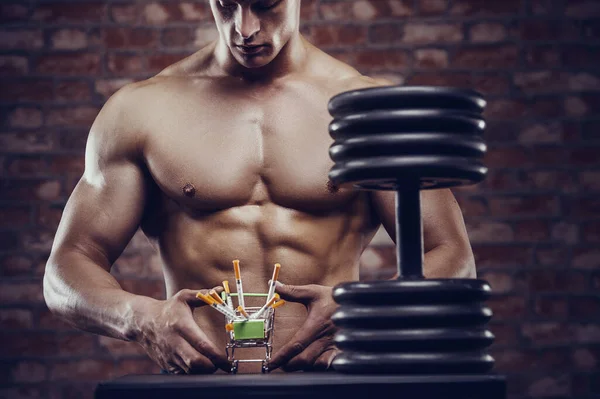 Bodybuilder Handsome Strong Athletic Rough Man Pumping Abs Muscles Workout — Stock Photo, Image