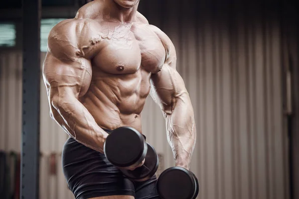 Testépítő Pumpáló Fel Bicepsz Izmok Edzeni Fitness Testépítés Egészséges Koncepció — Stock Fotó