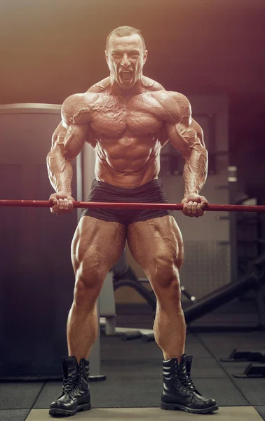 Bodybuilder Pumpování Biceps Svaly Cvičení Fitness Kulturistika Zdravý Koncept Pozadí — Stock fotografie