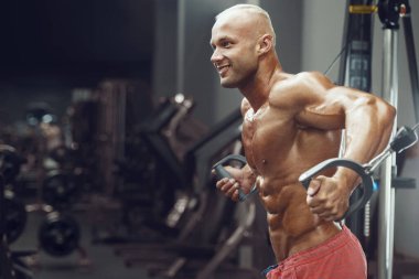 Vücut geliştiren yakışıklı, güçlü, atletik, kas geliştiren, spor yapan, vücut geliştiren, sağlıklı bir konsept geçmişi olan, spor salonunda çıplak bedende kol egzersizi yapan, kaslı, formda adamlar.