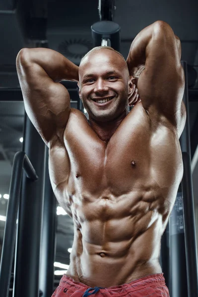 Bodybuilder Handsome Strong Athletic Rough Man Pumping Abs Muscles Workout — Stock Photo, Image
