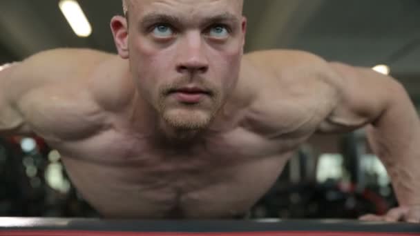 남자가 장에서 업하고 보디빌더와 체육관에서 가슴과 어깨를 운동을 보디빌딩 — 비디오