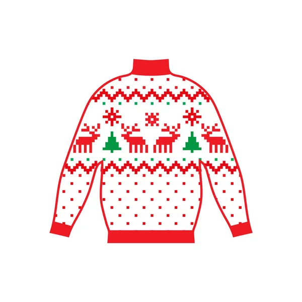 Зимовий теплий светр ручної роботи, світшот, светр для в'язання, червоного кольору. Жіночі светри, чоловічий светр, унісекс светр. Дизайн - сніжинки, оленячий жакардовий візерунок. Різдво, Новий рік, фондовий вектор — стоковий вектор