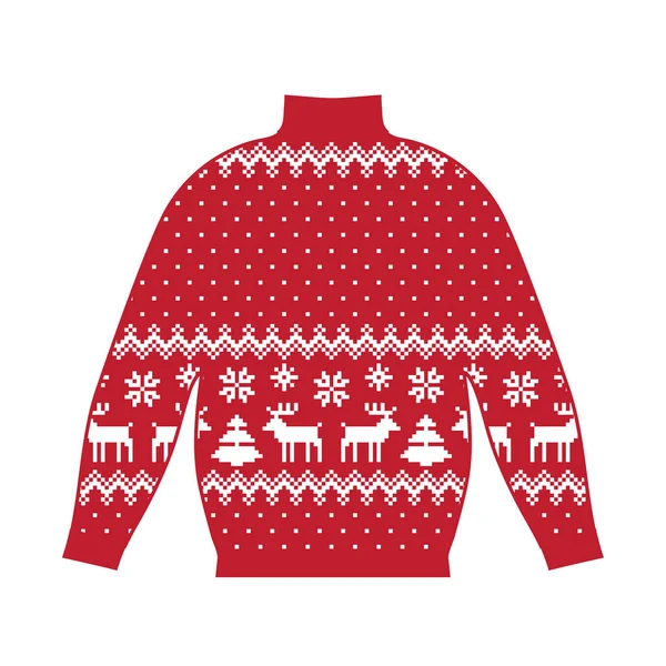 Зимний теплый свитер ручной работы, свитшот, джемпер для ножа, красный цвет. Женские свитера, мужской свитер, свитер унисекс. Дизайн - снежинки, жаккардовый узор северного оленя. Рождество, Новый год, фондовый вектор — стоковый вектор