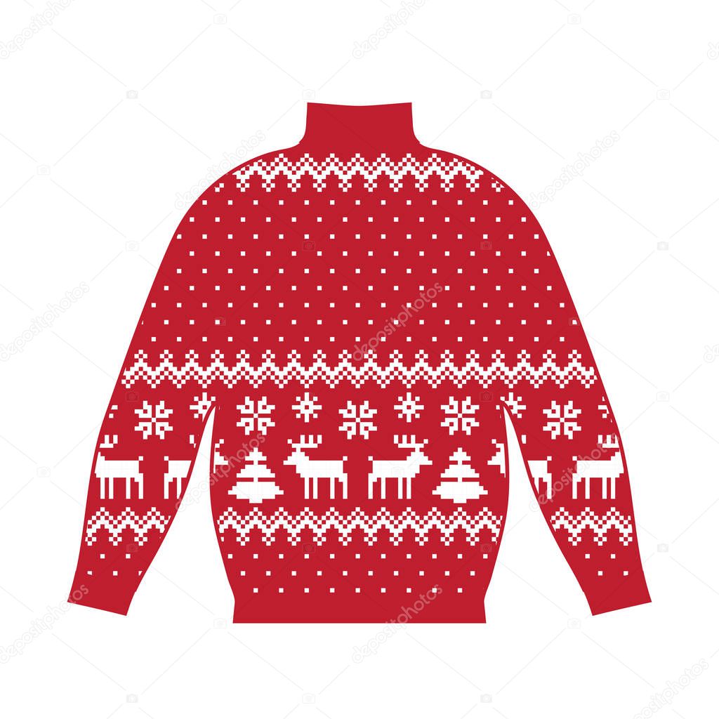 Winter warm sweater handmade, svitshot, jumper for knit, red color. Womens sweaters, mens sweater, unisex sweater. Design - snowflakes, reindeer jacquard pattern. Christmas, New Year, stock vector
