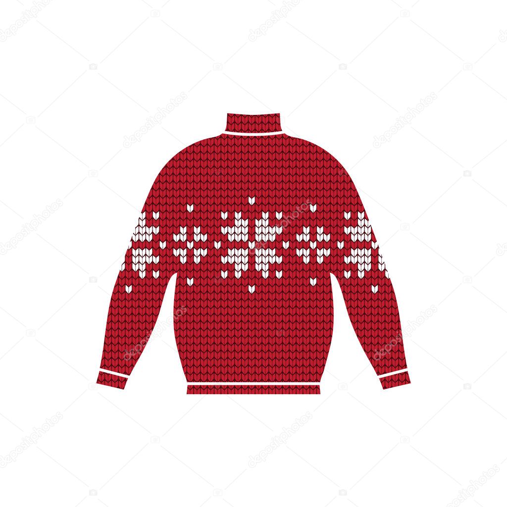 Winter warm sweater handmade, svitshot, jumper for knit, red color. Women's sweaters, men's sweater, unisex sweater. Design - snowflakes, Christmas, New Year, stock vector