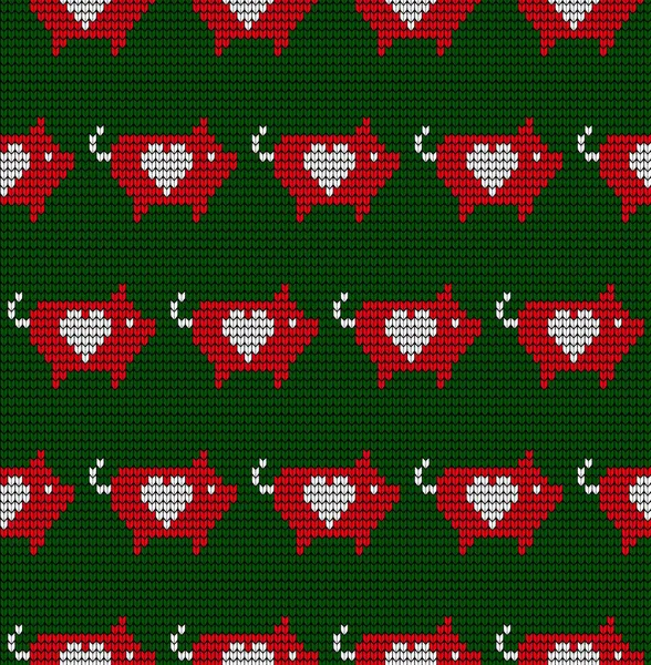无缝羊毛针织圣诞图案与猪和灯笼 — 图库矢量图片